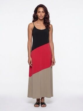 Colorblock Maxi Slip Dress with Chain Straps - Black, Red & Taupe